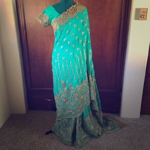 Teal and Gold Beaded Sari